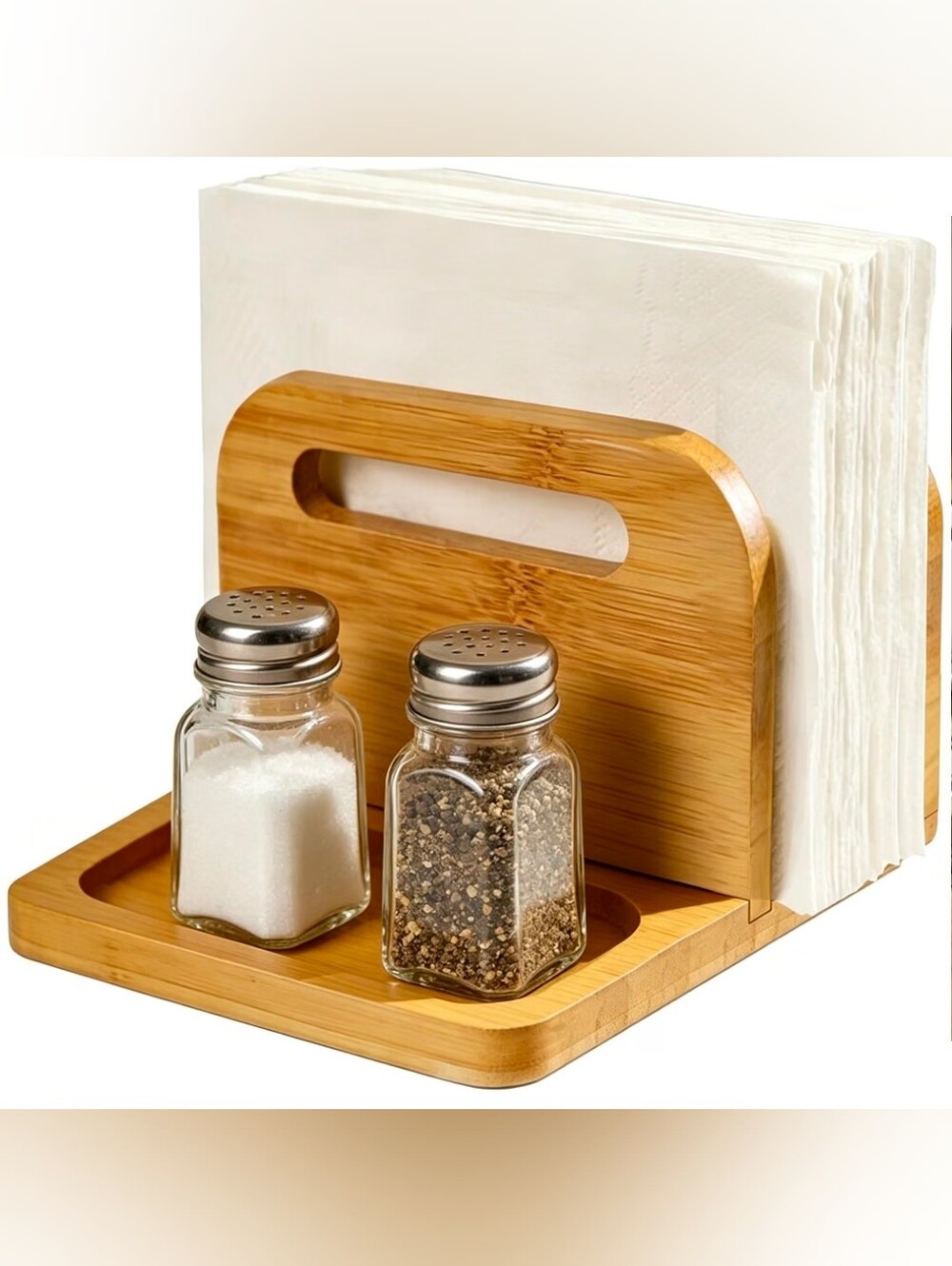 Napkin Holder for Table with Salt and Pepper, BambooStanding Holder for Kitchen.